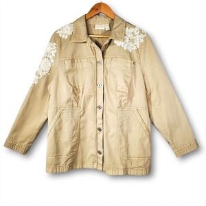 Chico's Lace Applique Utility Jacket Khaki White Size 2 Petite